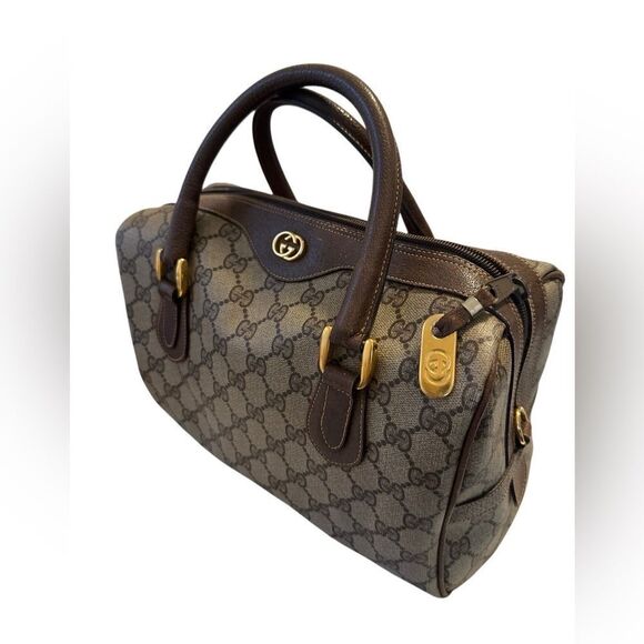 Gucci Brown Leather Satchel with Monogram Canvas - Picture 14 of 16